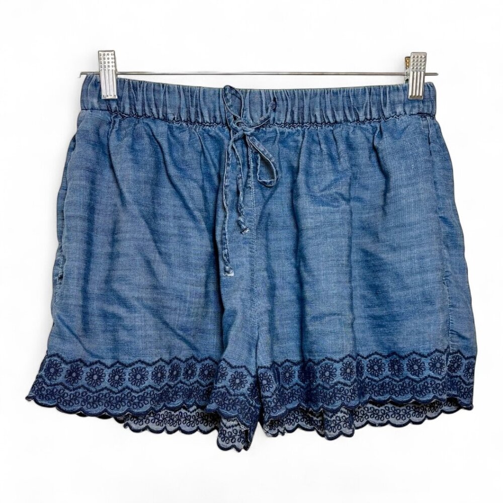 Gap Chambray Embroidered Lace Hem Drawstring Shorts Blue Boho Size Small